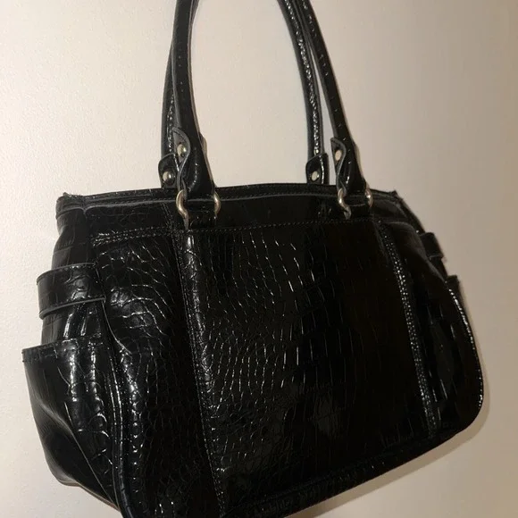 Anne Klein Black Croc-embossed Large Shoulder Bag Handbag Purse Gold‎ Hardware - Picture 5 of 12